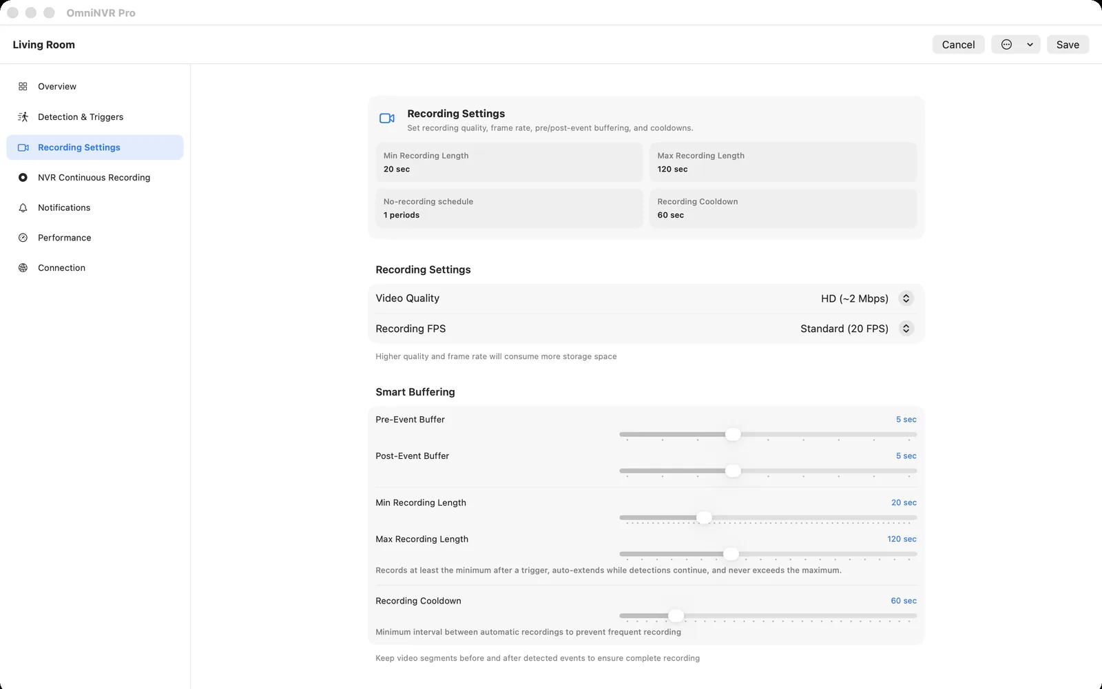 OmniNVR recording quality, frame rate, and event buffer settings on macOS