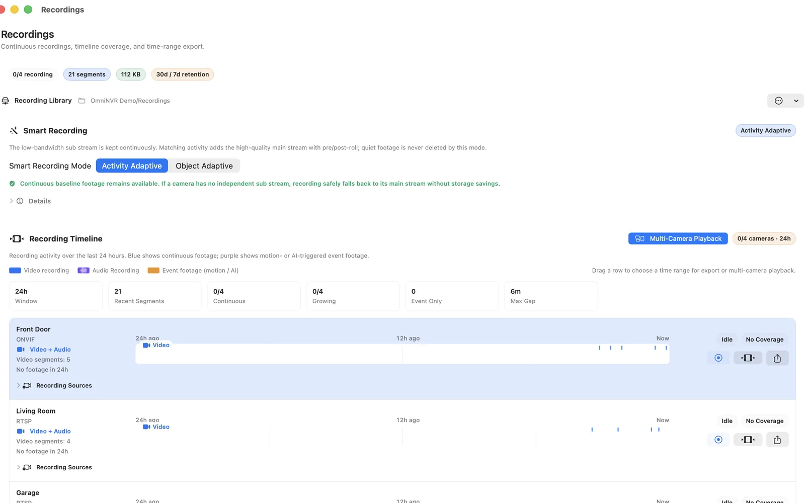 OmniNVR recordings timeline and smart recording controls on macOS