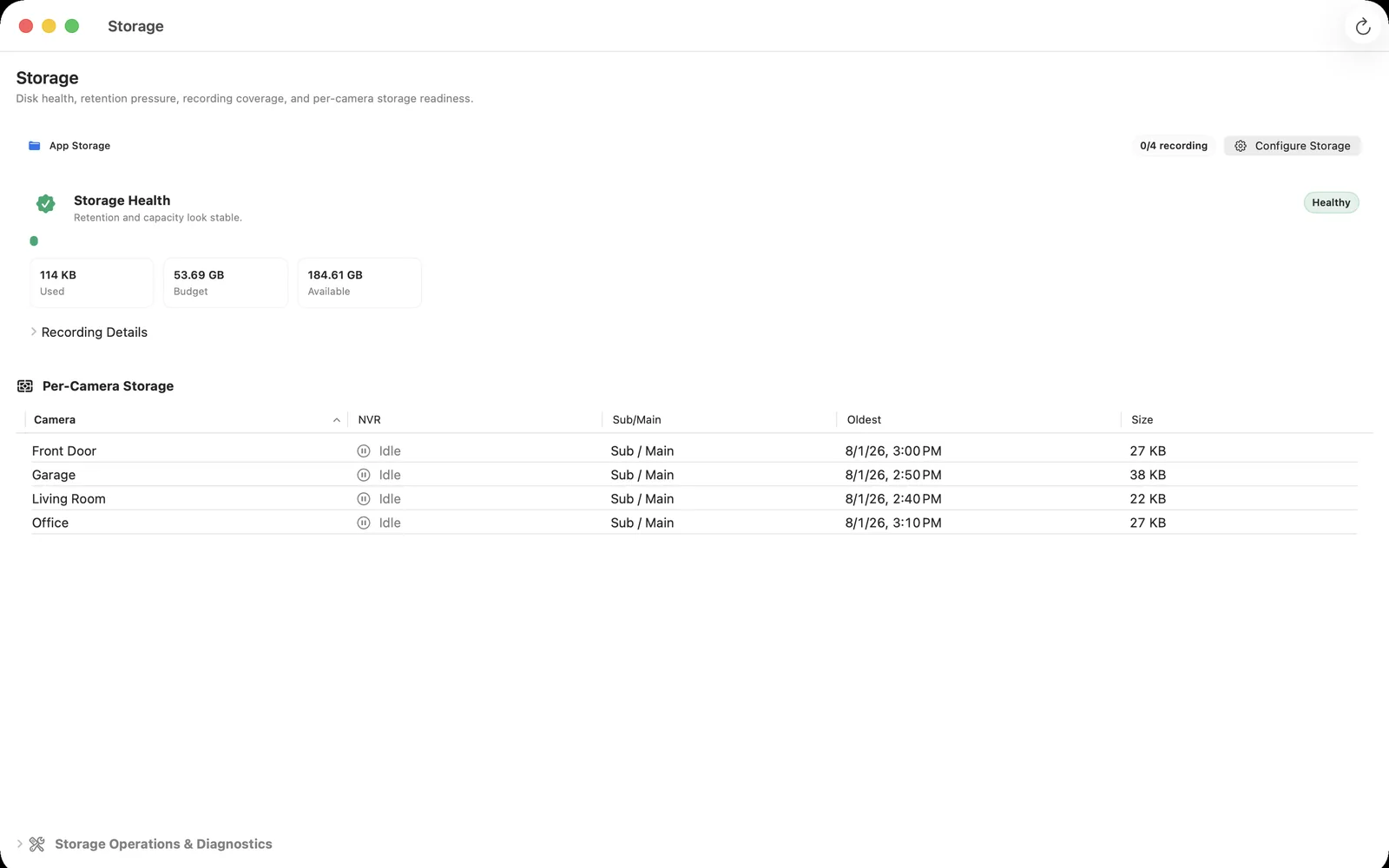 OmniNVR storage health and per-camera recording status on macOS