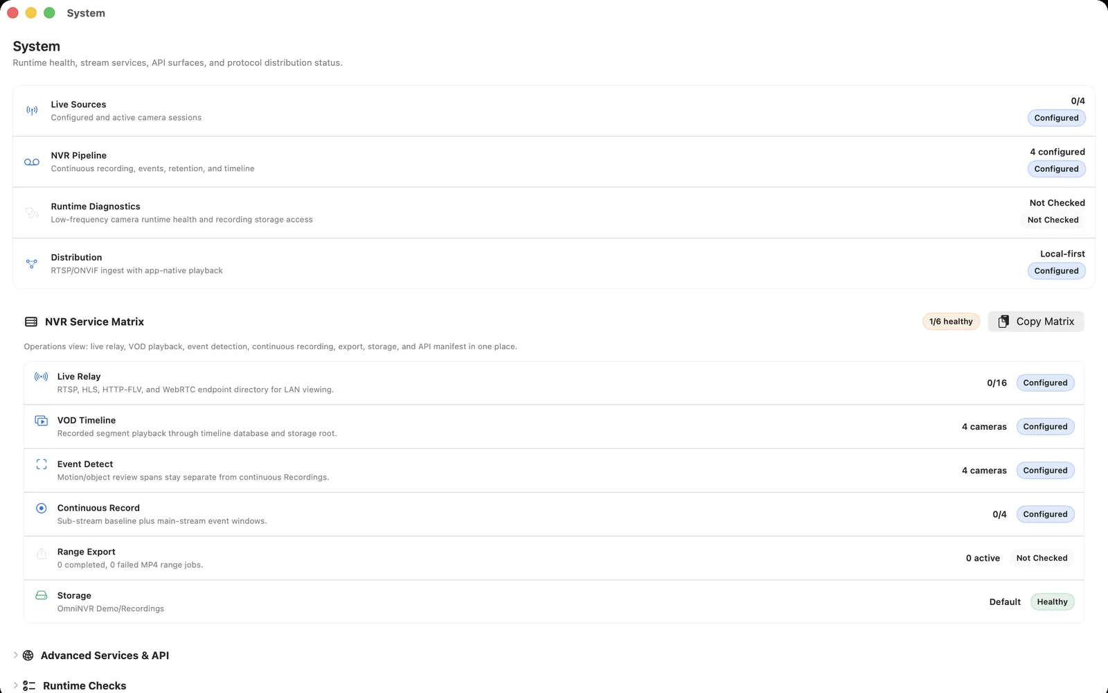 OmniNVR system view with NVR service and protocol status on macOS